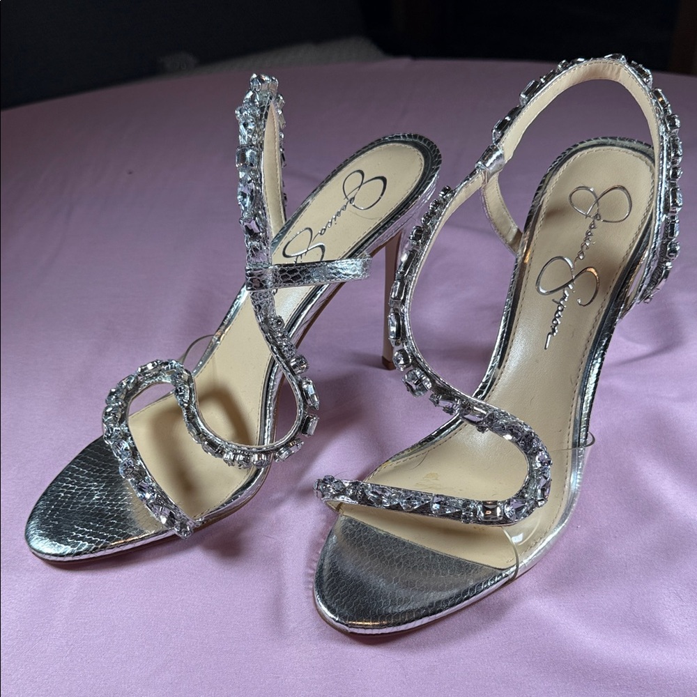 Jessica Simpson Jaycin Silver Jeweled Strappy Slingback Heels - New